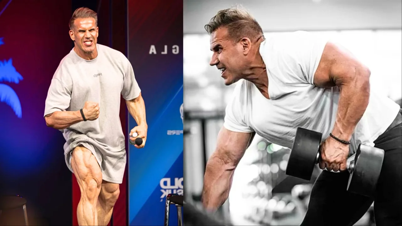 Jay Cutler executando supino com barra, oito repetições, musculatura peitoral destacada, na academia