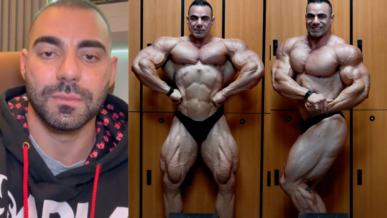 Rafael Brandão em pose clássica, segurando halteres dourados, ao lado de troféus e bandeira da Classic Physique
