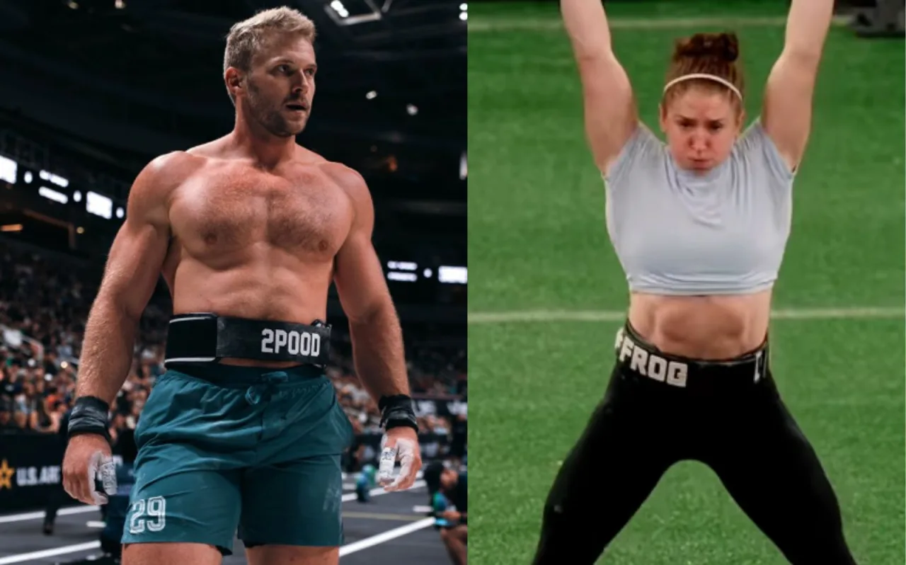 Dallin Pepper e Lucy Campbell, em uniformes de CrossFit, seguram troféus no pódio ao lado de kettlebells e barra olímpica
