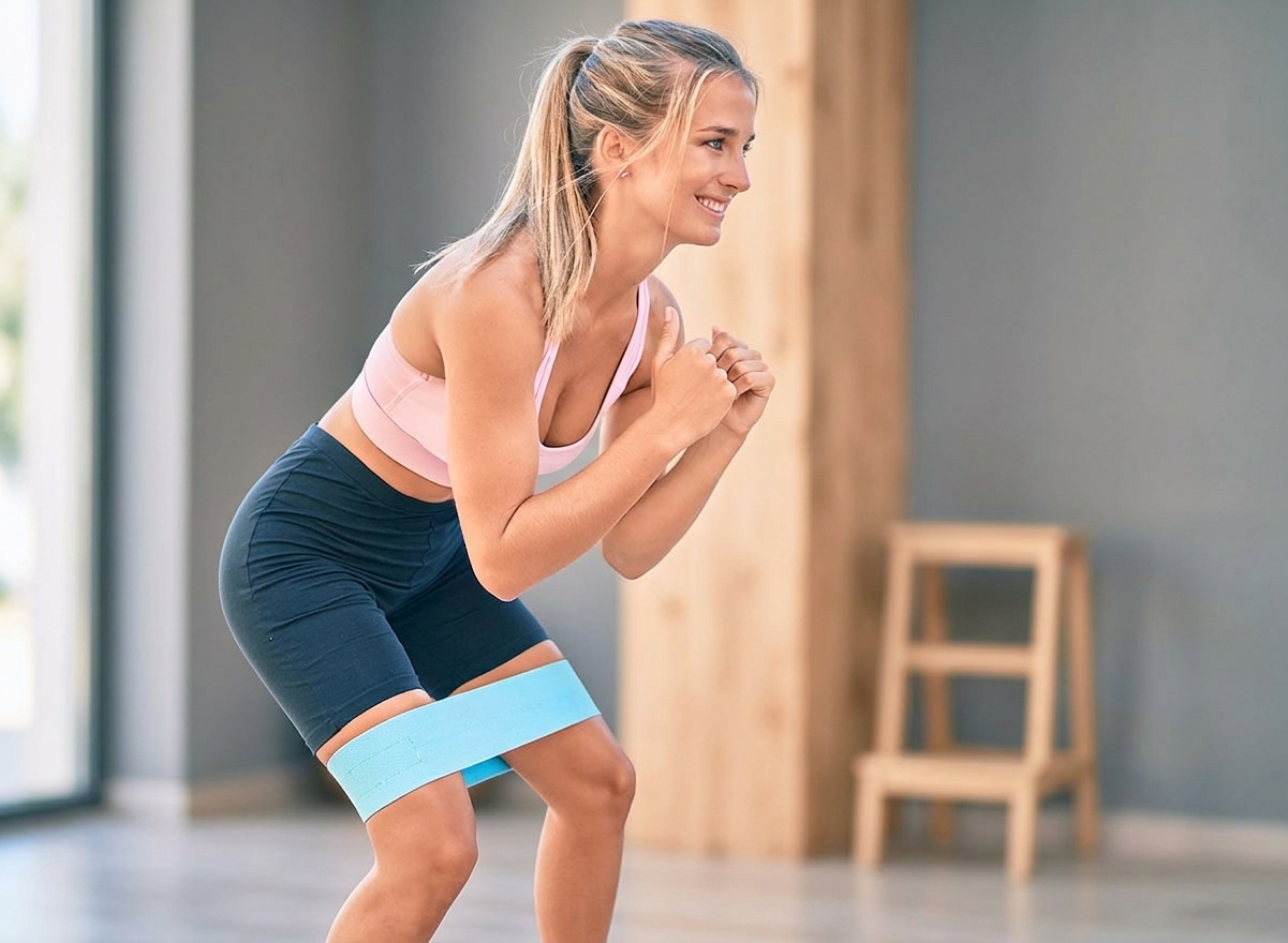Pessoa praticando elevação pélvica com mini band nos joelhos em um tapete de yoga, focando na ativação dos glúteos