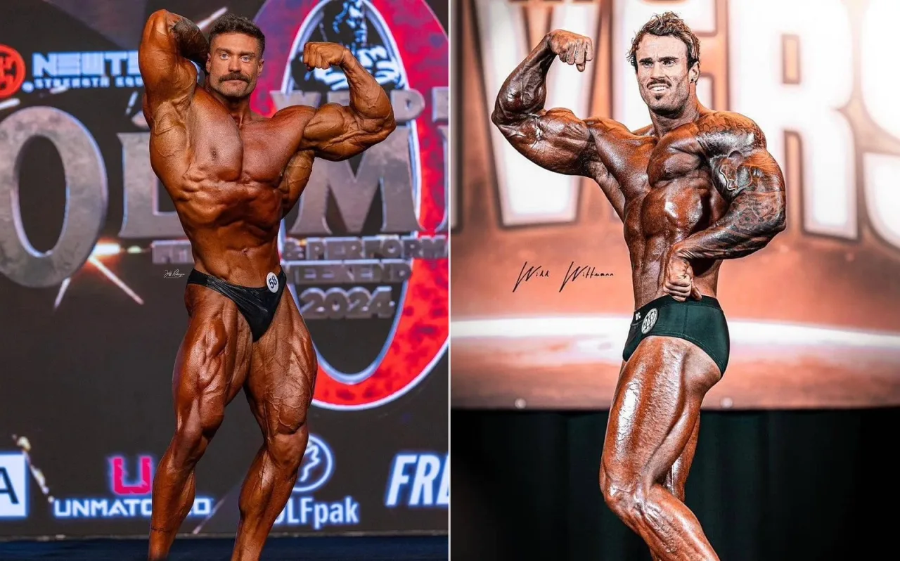 Calum Von Moger e Chris Bumstead em poses de Classic Physique, segurando halteres e troféus sob luz de palco