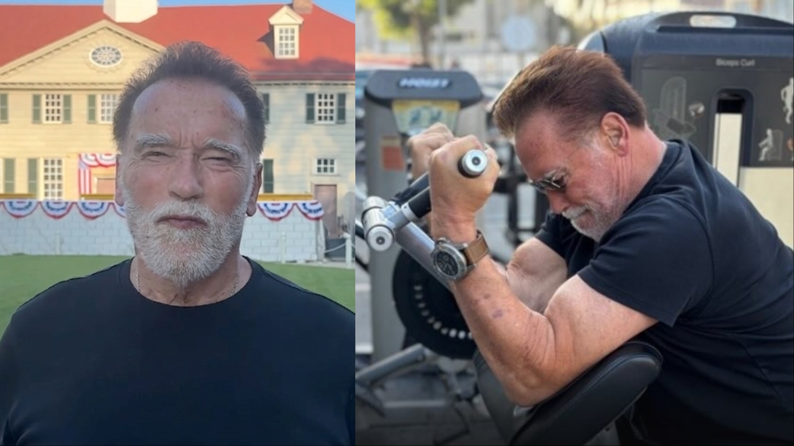 Homem musculoso levantando halteres cinza em academia, ao fundo rack de pesos e cronômetro digital