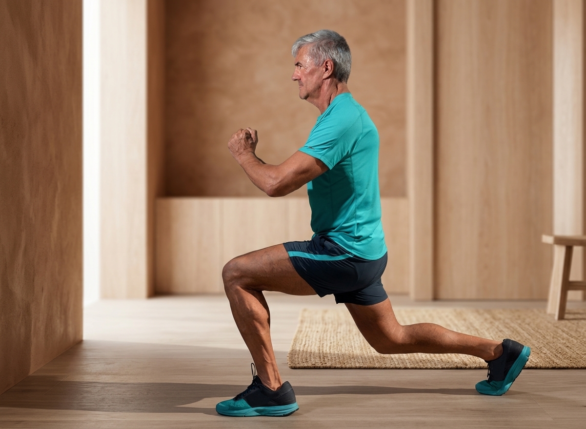 Pessoa de 60 anos realizando agachamento com foco na postura, em um ambiente iluminado e motivador de academia
