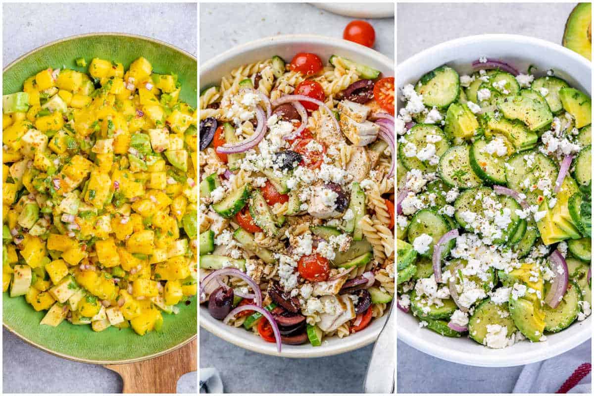 Espetos de vegetais grelhados, salada de folhas frescas e vinagrete colorido dispostos ao lado de carnes magras