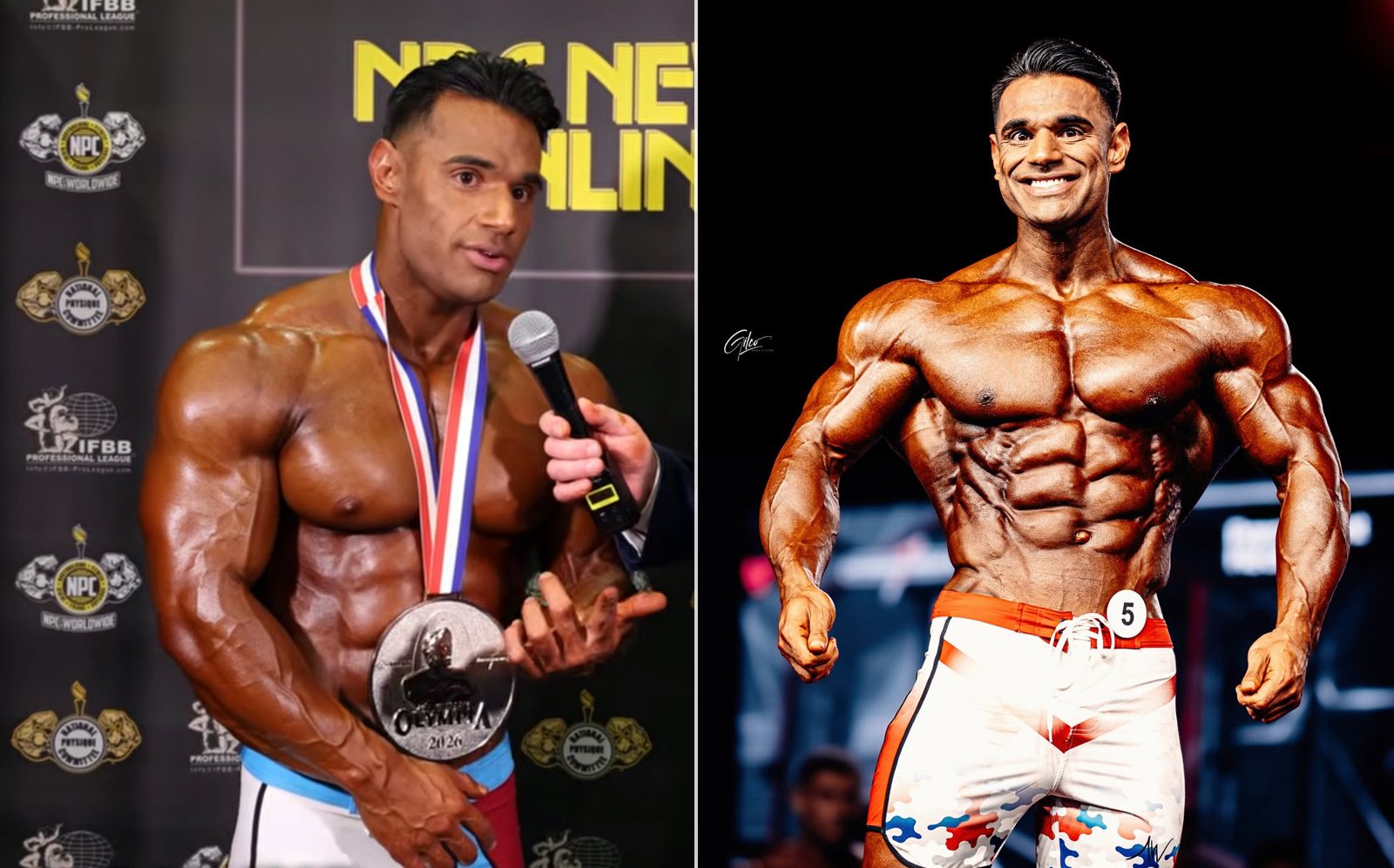 Ali Bilal em pose de “front double biceps”, vestindo sunga preta, ao lado de pratos com peito de frango grelhado e legumes