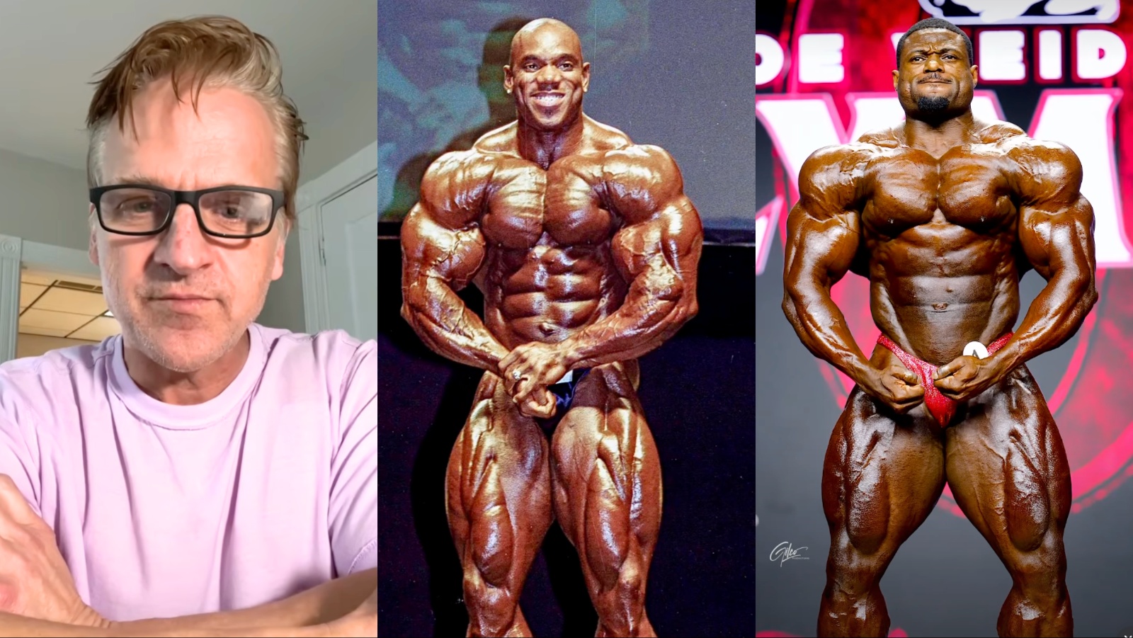 Andrew Jacked em pose de costas, músculos definidos, luzes de palco azul, bandeira do Arnold Classic ao fundo