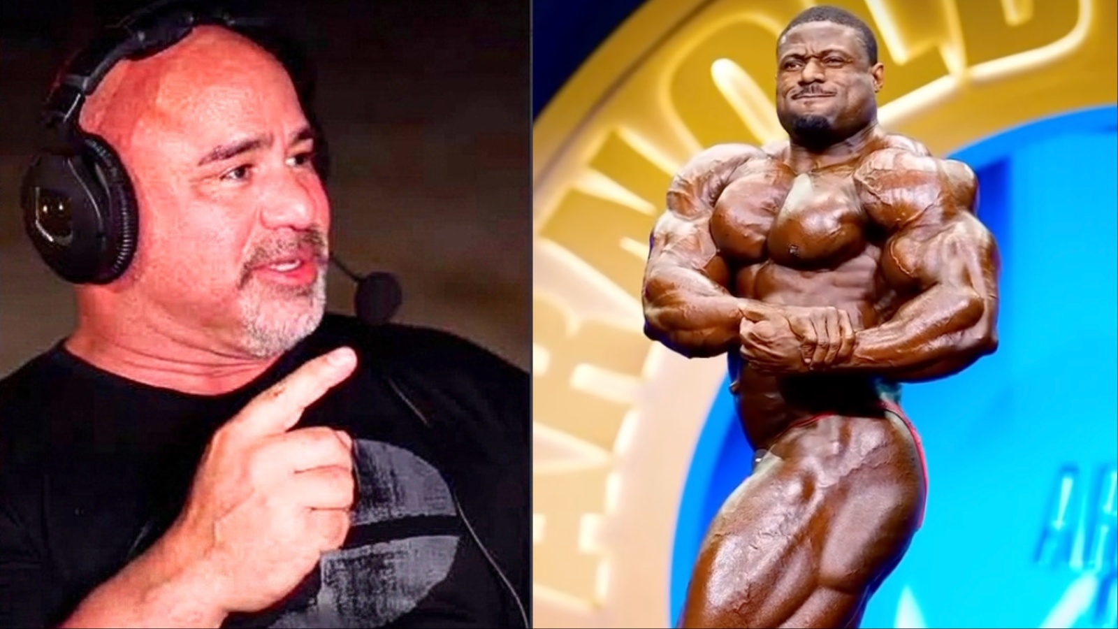 Andrew Jacked, musculoso, segurando barra com pesos, ao lado de Derek Lunsford, ambos em pose de competição