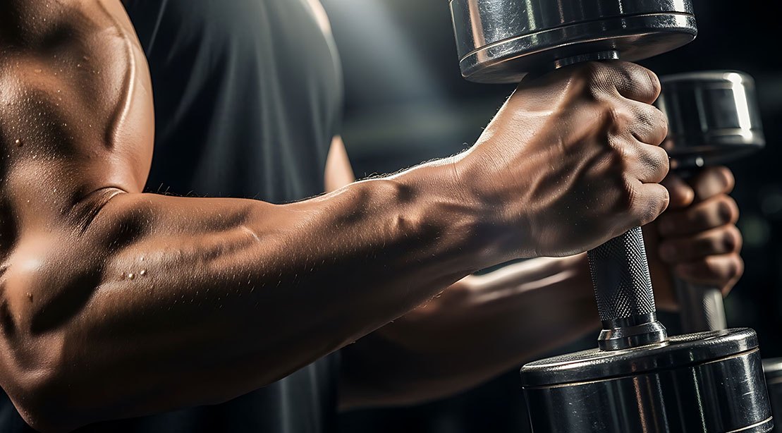 Um homem fortemente musculado faz um supino de antebraço com uma barra de aço, com um copo de proteína em segundo plano