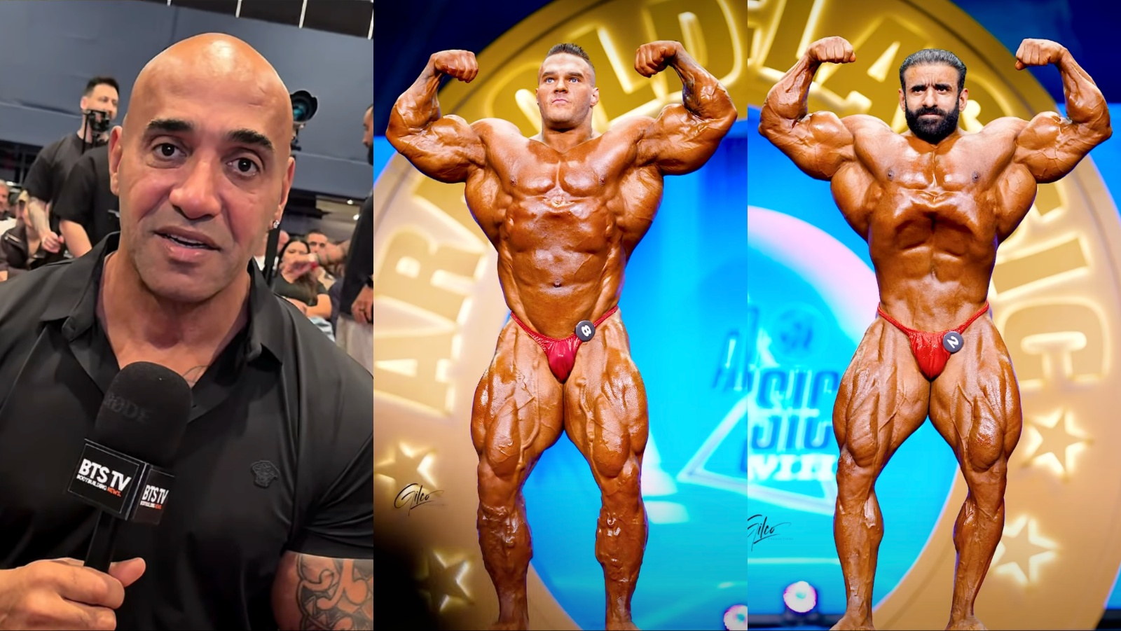 Nick Walker e Hadi Choóbhan em pose de costas, luzes de palco azul e vermelha iluminam músculos definidos no Arnold Classic