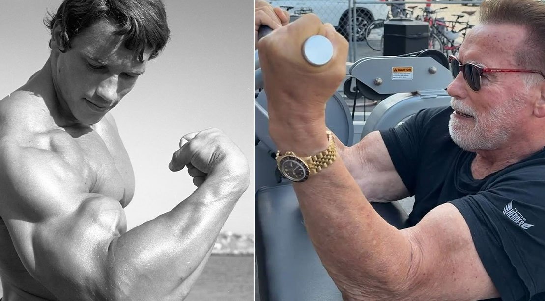Um homem musculoso, provavelmente Arnold Schwarzenegger, em poses de treino, com pesos e uma máquina de musculação ao fundo