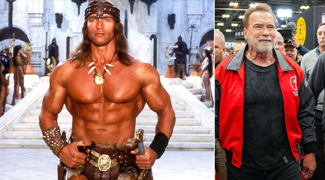 Arnold Schwarzenegger exibindo músculos definidos em pose clássica de fisiculturismo com espada medieval ao fundo