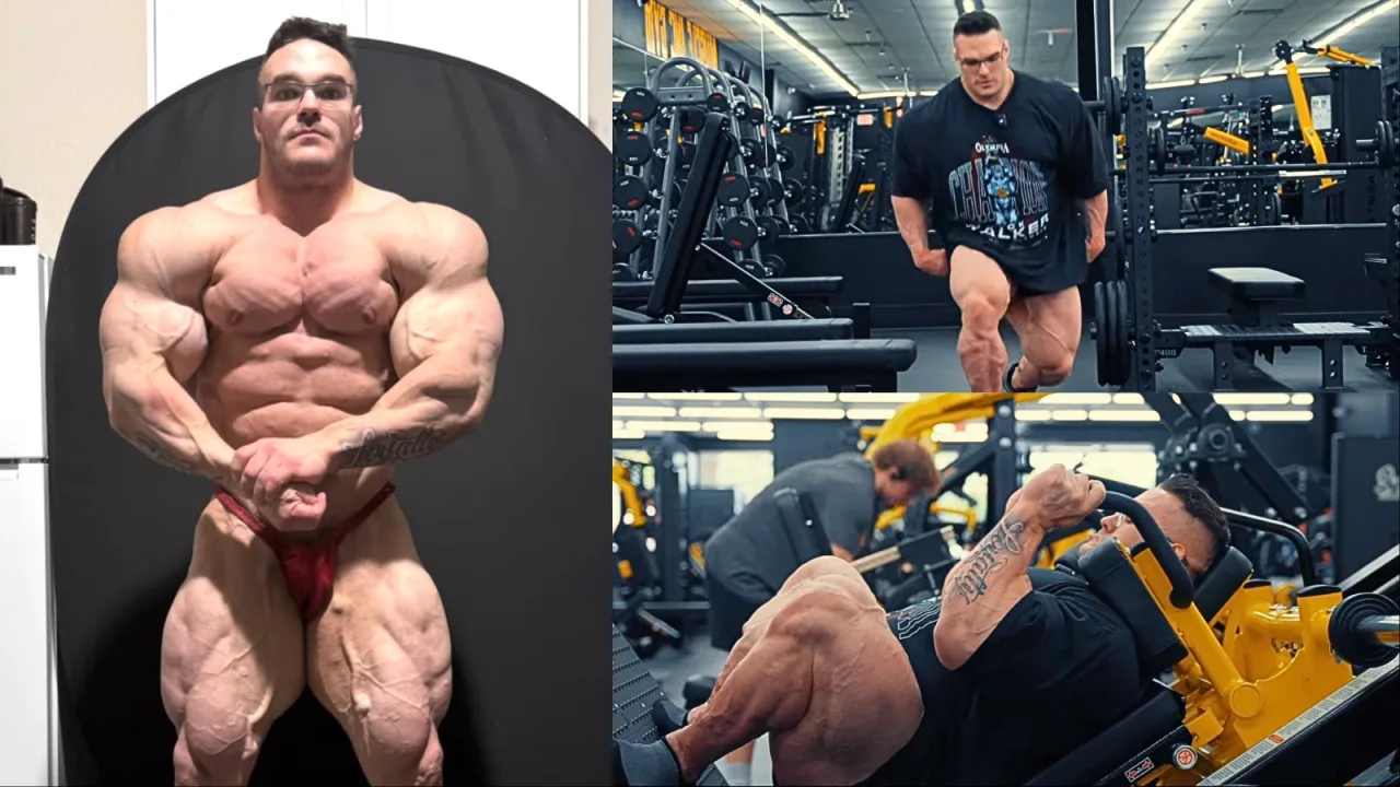 Atleta musculoso usando leg press, com barra carregada de discos e foco nos quadríceps e glúteos