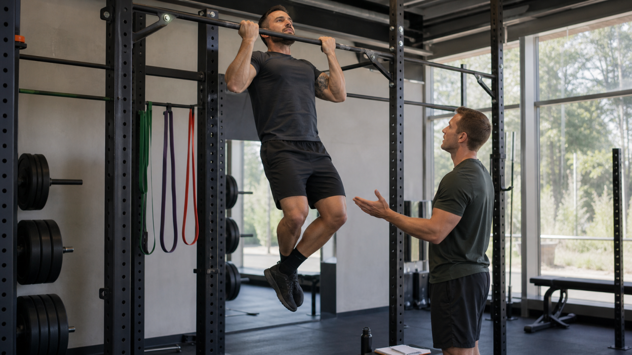 Atleta realizando barra fixa com foco na contração muscular das costas em uma academia com iluminação focada