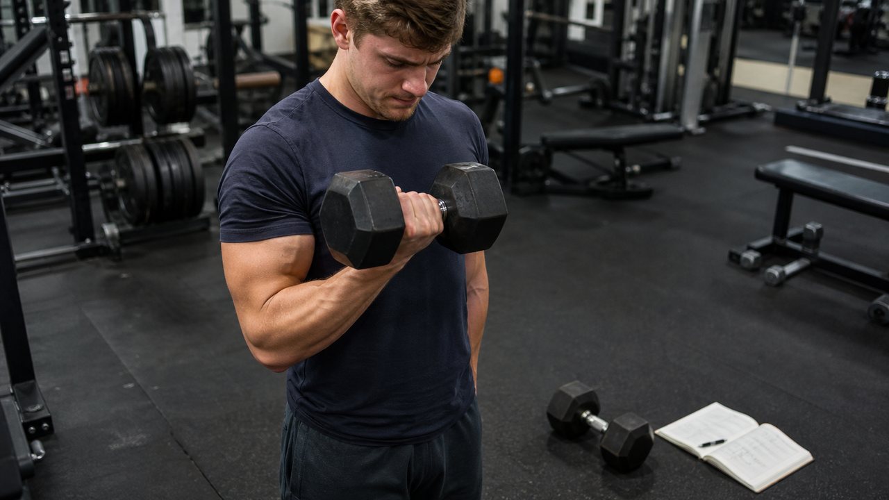 Um homem musculoso realiza biceps curls com halteres, barra e cabo, com foco em diferentes movimentos e cargas