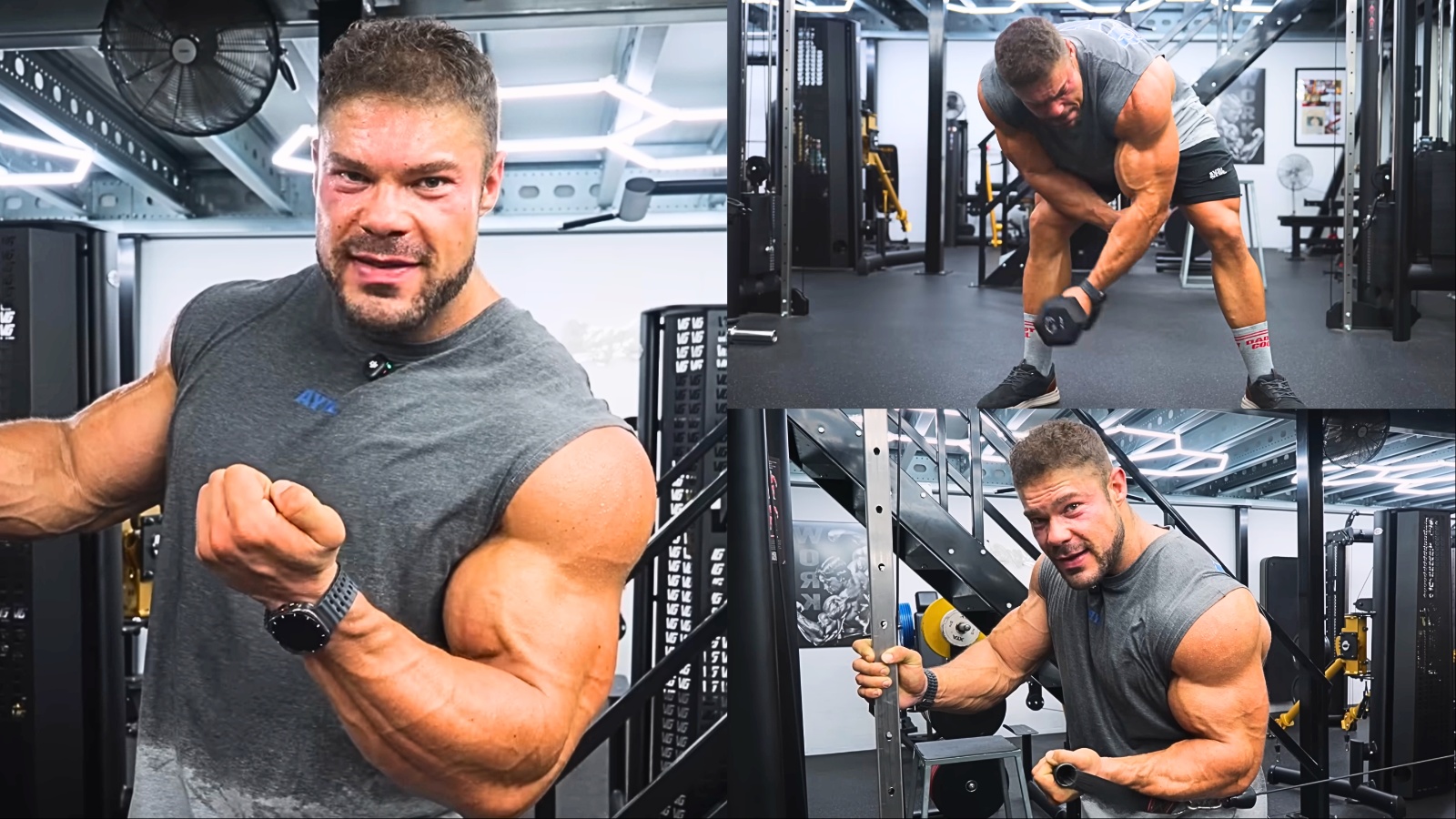 Um homem com braços musculosos e definidos, segurando um cabo de curl e fazendo um movimento de concentração