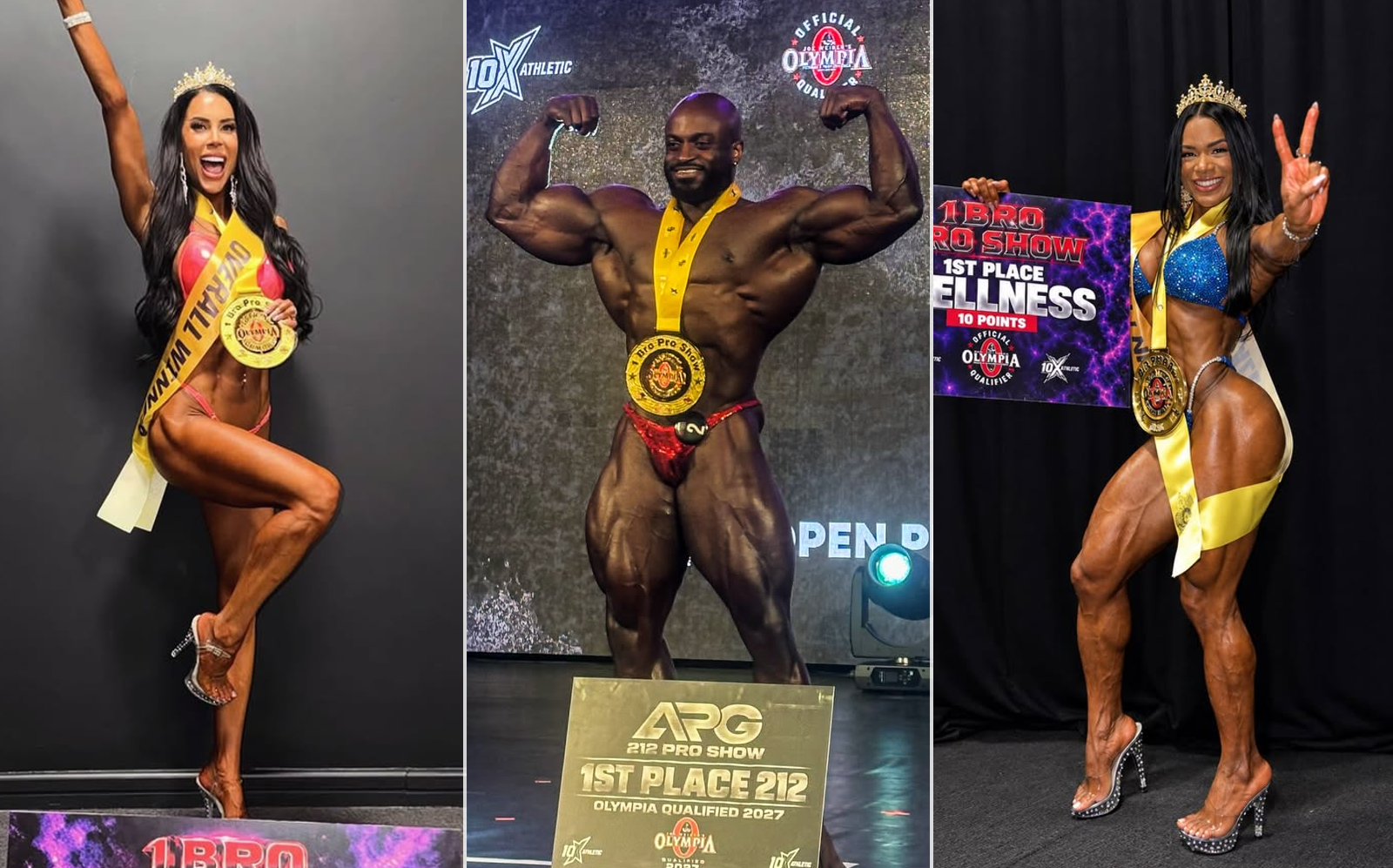 Yinka Majolagbe em pose de peito, iluminado por holofotes, segurando troféu dourado no palco do 1 Bro Pro Show 2026
