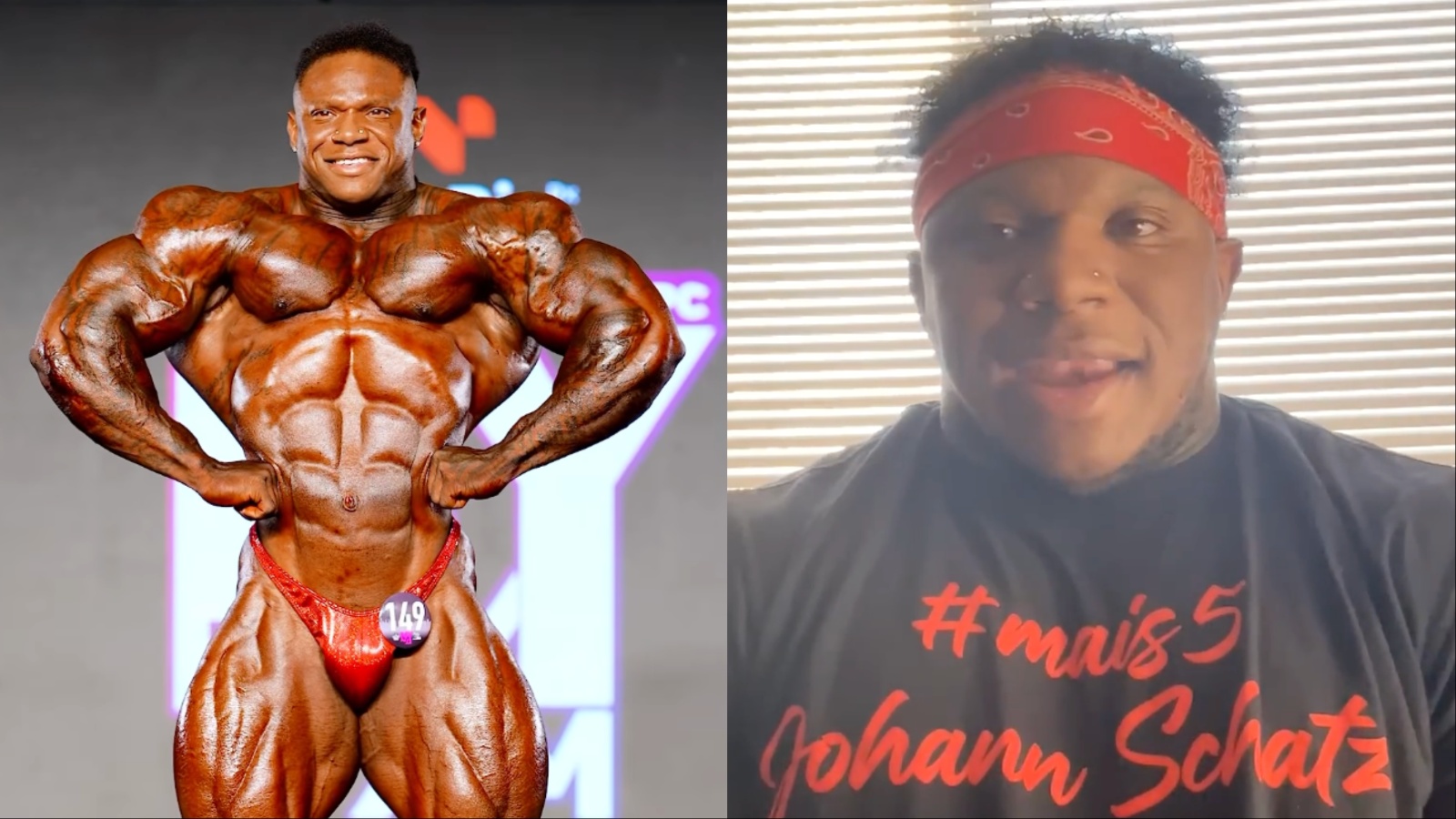 Atleta de fisiculturismo posando sob luz dramática em academia, destacando definição muscular e intensidade do treino