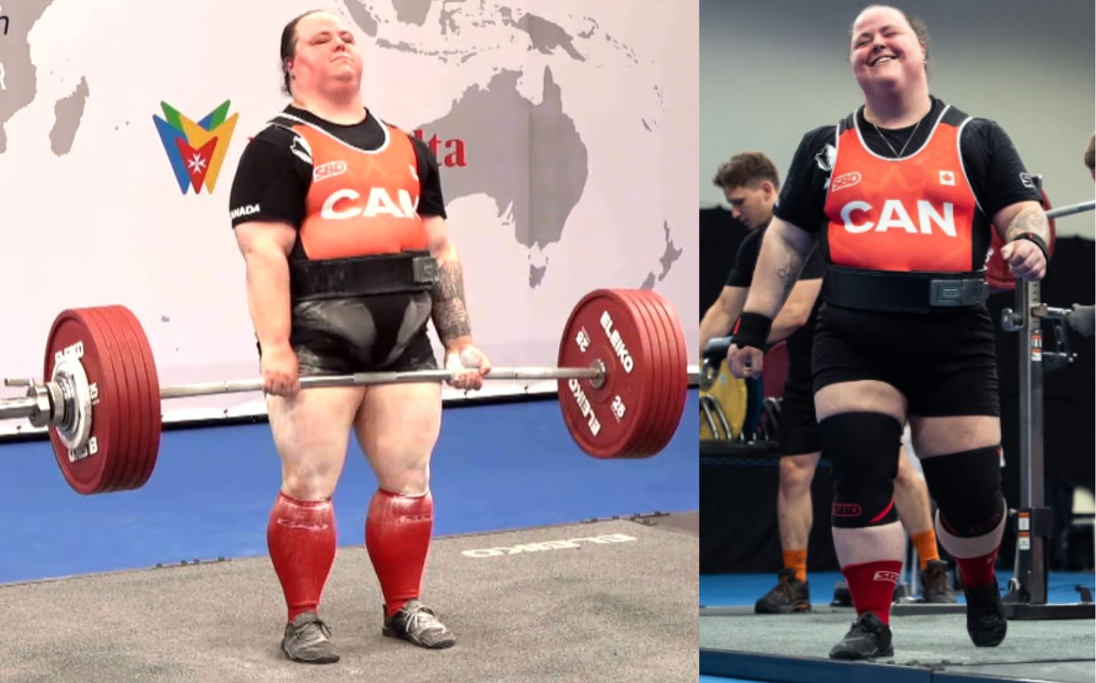 Uma mulher forçando um peso pesado no banco de supino, com um peso de 135 kg no apoio