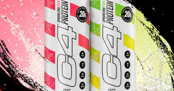 Lata de C4 Sparkling Protein gelada ao lado de um haltere e uma toalha de academia