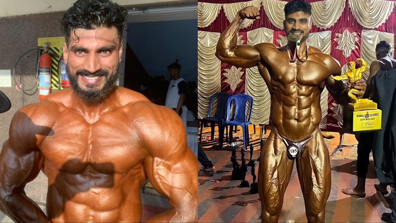 Um homem musculoso segurando uma barra de peso com um copo de água ao lado, em um ambiente de treinamento de musculação