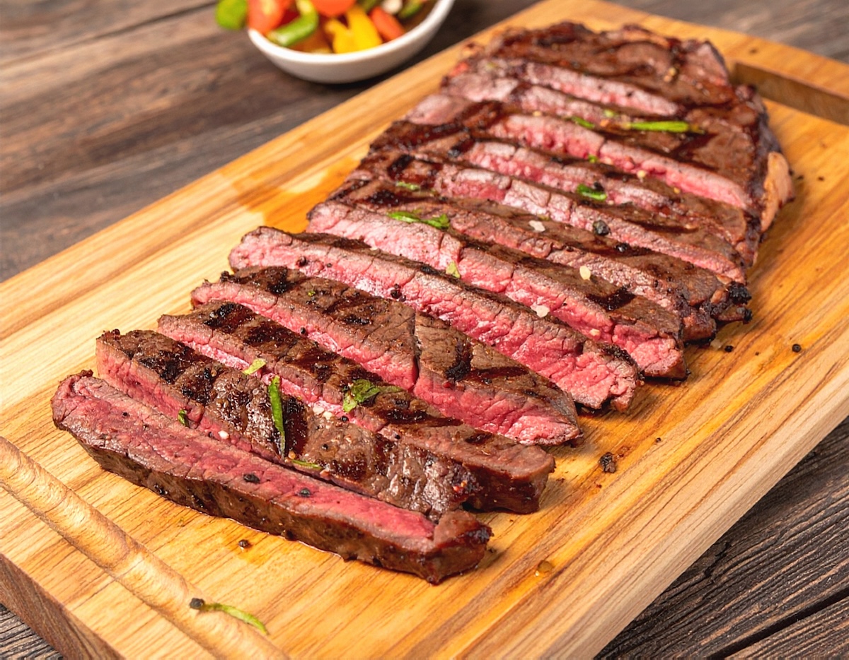 Cortes de carne como costeleta e linguiça, sobre uma mesa de churrasco com lenha em brasa