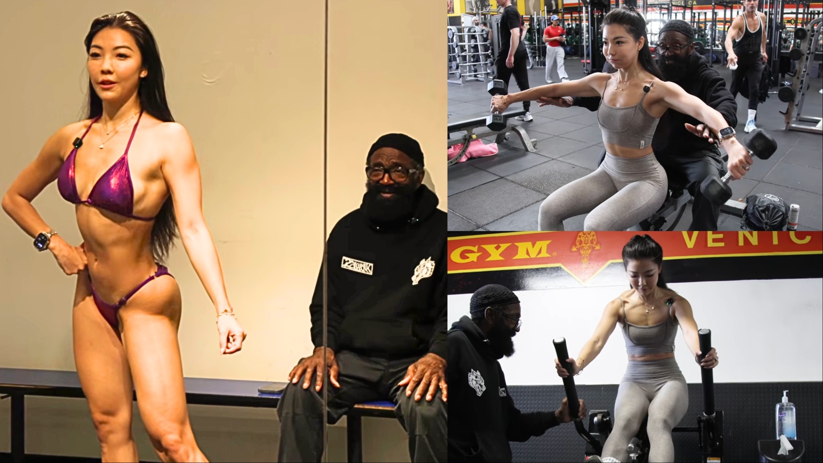Charles Glass orientando um atleta durante a execução de elevação lateral com halteres em uma academia focada
