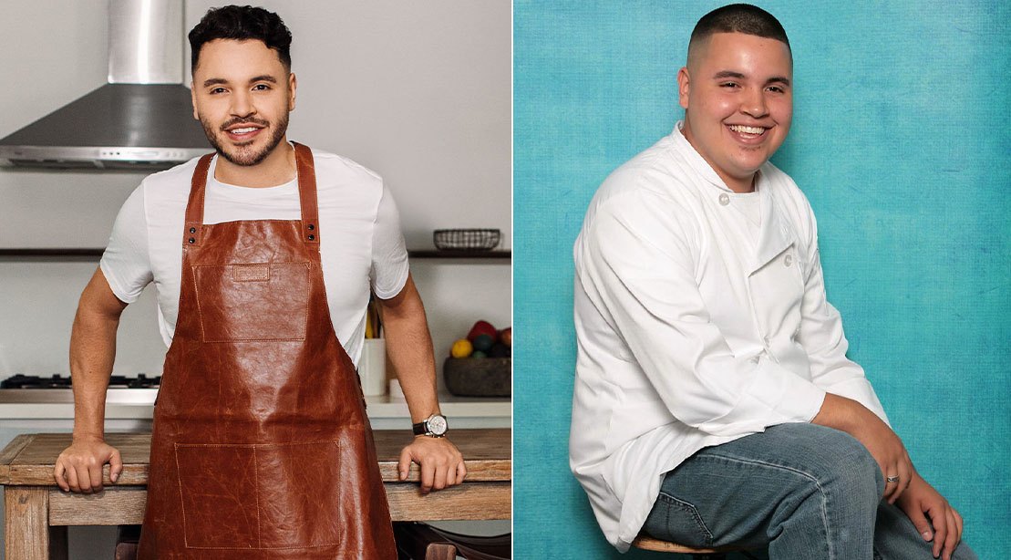 Chris Valdes segurando uma tábua com legumes coloridos ao lado de halteres e um prato de salada de quinoa