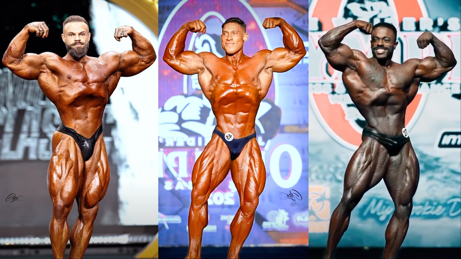 Atleta de Classic Physique em pose de costas, exibindo dorsais volumosas e segurando halteres pretos