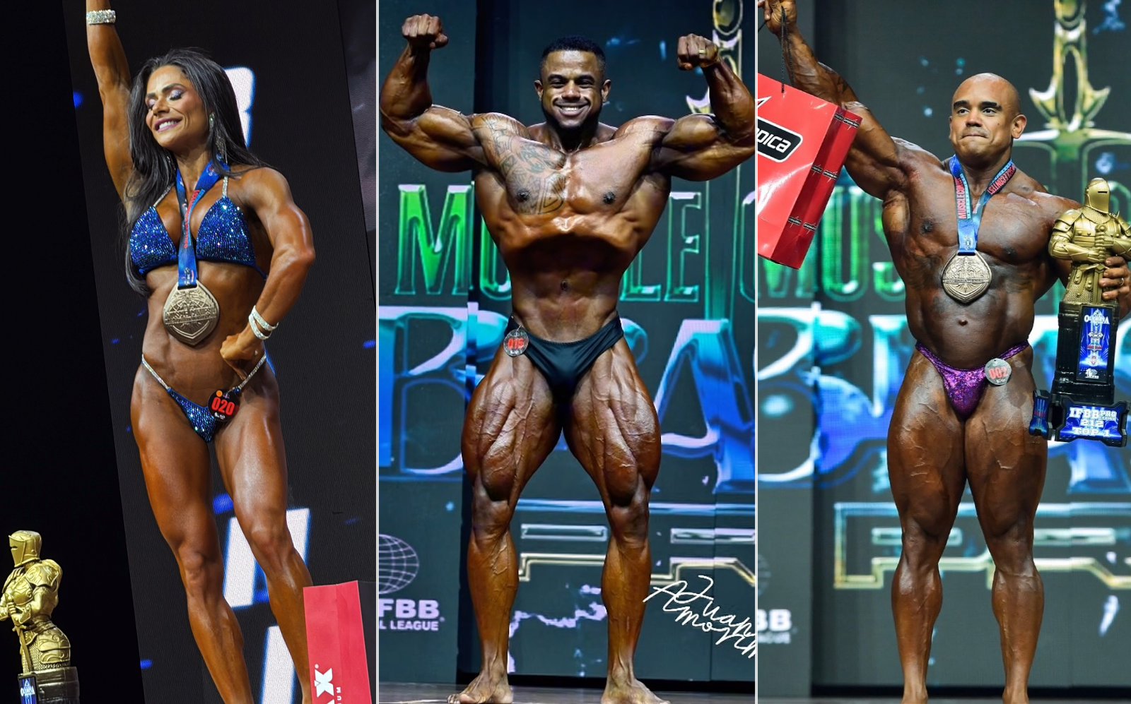 Atleta masculino em pose de Classic Physique, luzes de palco, faixa dourada no peito e troféu reluzente ao fundo
