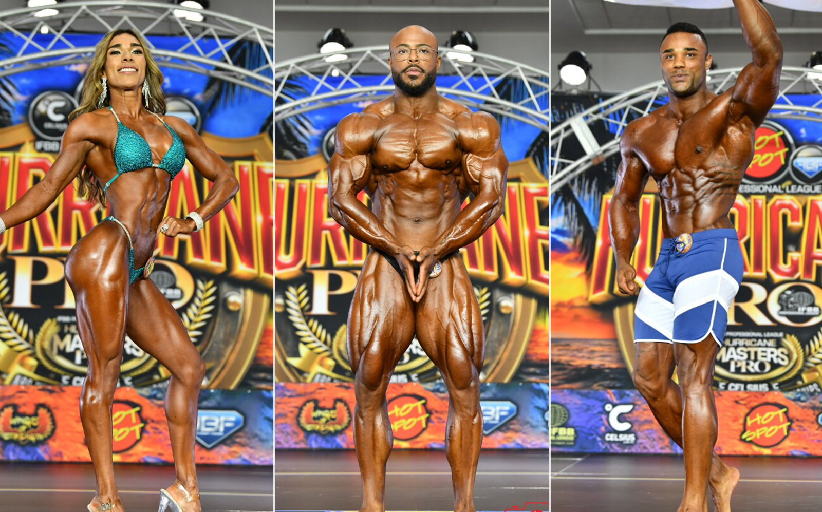 Atleta masculino em pose de “front double biceps”, iluminado no palco, segurando a faixa dourada do Classic Physique