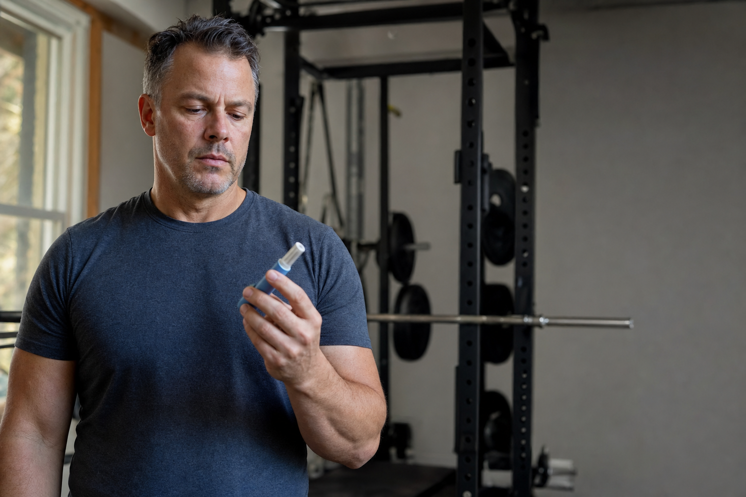 Pessoa praticando levantamento de peso ao lado de uma refeição equilibrada com proteínas e vegetais frescos