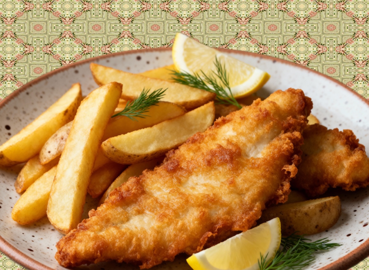 Filé de peixe dourado e crocante servido em prato rústico com rodelas de limão e ervas frescas ao lado