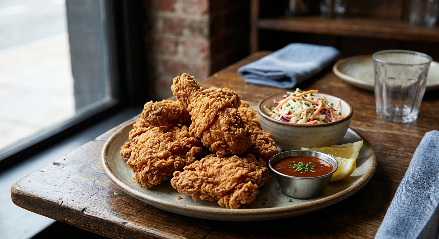 Pedaço de frango frito dourado e crocante sobre uma tábua de madeira, revelando carne suculenta ao ser partido