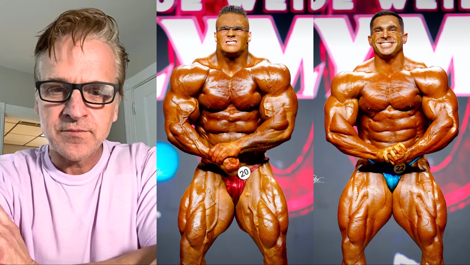 Atleta bronzeado em pose de definição, exibindo abdômen rasgado e bíceps volumosos sob iluminação de palco