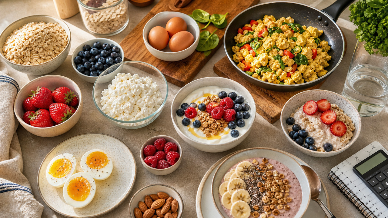 Bowl de iogurte grego com frutas, ovos cozidos e sementes dispostos sobre uma mesa de café da manhã equilibrada
