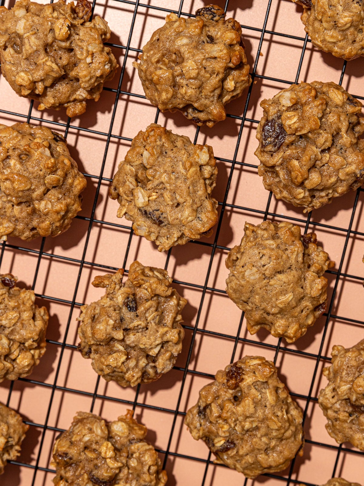 Prato rústico com cookies veganos de aveia e uva‑passa ao lado de um frasco de óleo e uma tigela de aveia