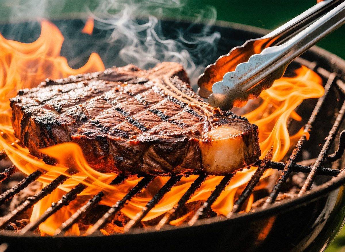 Um cortador de carne segura um corte de ribeye crua em uma grelha, destacando sua marmorização