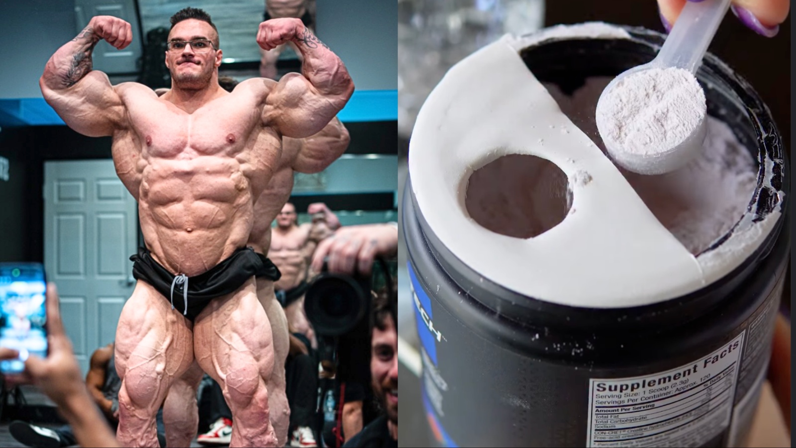 Pó de creatina em pote ao lado de halteres e uma medalha de Mr. Olympia sobre um fundo de academia