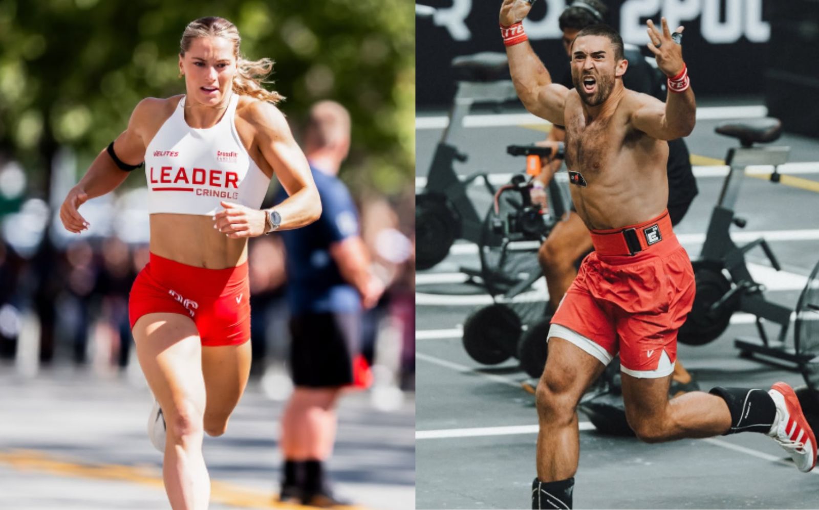 James Sprague e Aimee Cringle no pódio, segurando medalhas douradas, ao fundo caixas de peso e cronômetro digital