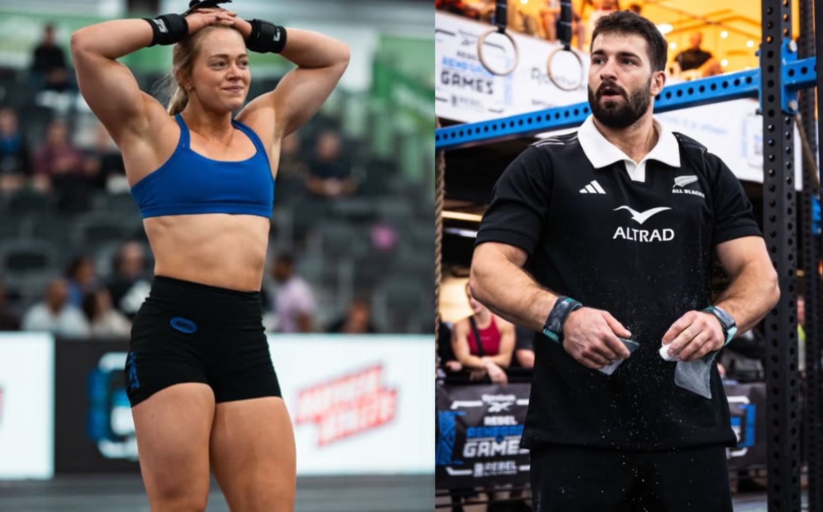 Atleta de CrossFit realizando um levantamento de peso olímpico com barra e anilhas em uma arena de competição intensa