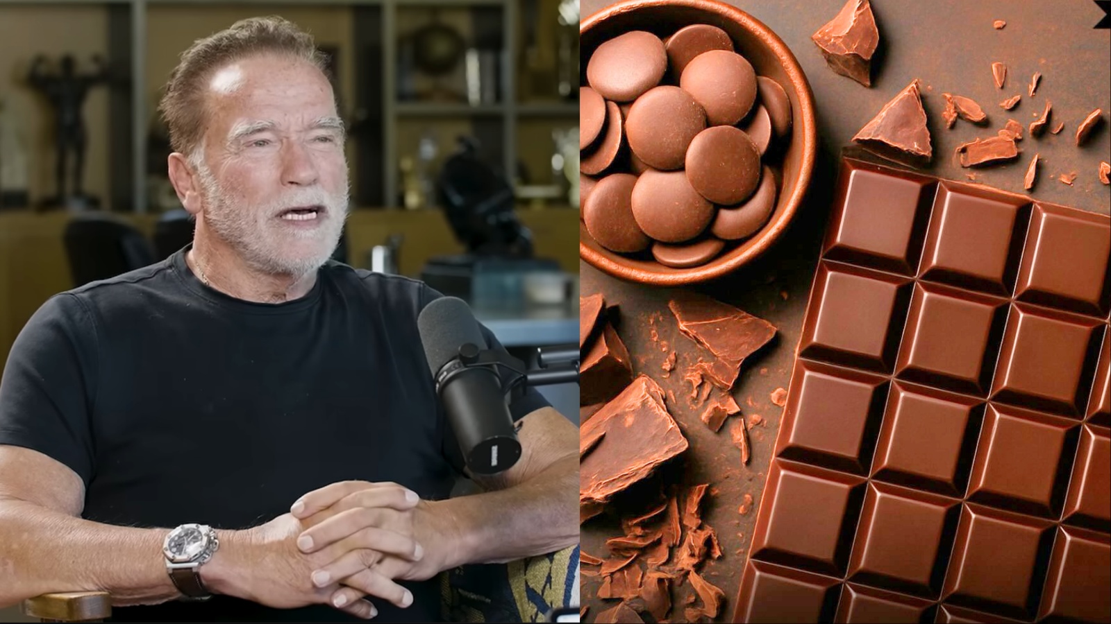 Um jovem praticante de musculação segurando um pedaço de chocolate amargo, com uma expressão determinada
