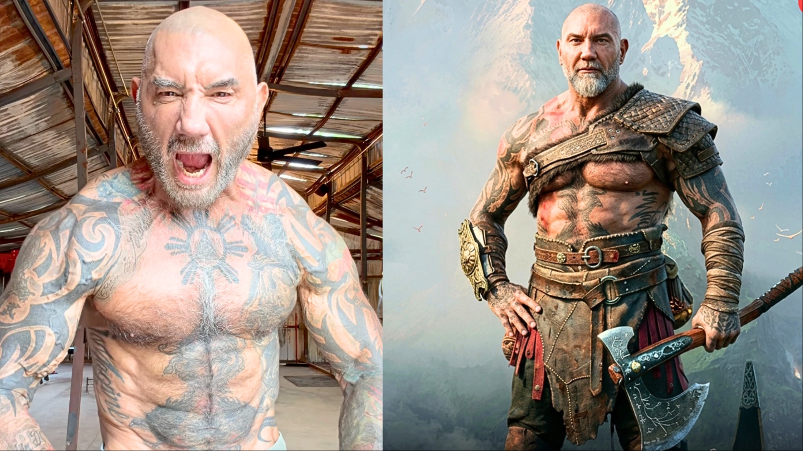 Dave Bautista, 57, levanta barra carregada ao lado de halteres, com garrafa de água e toalha na academia