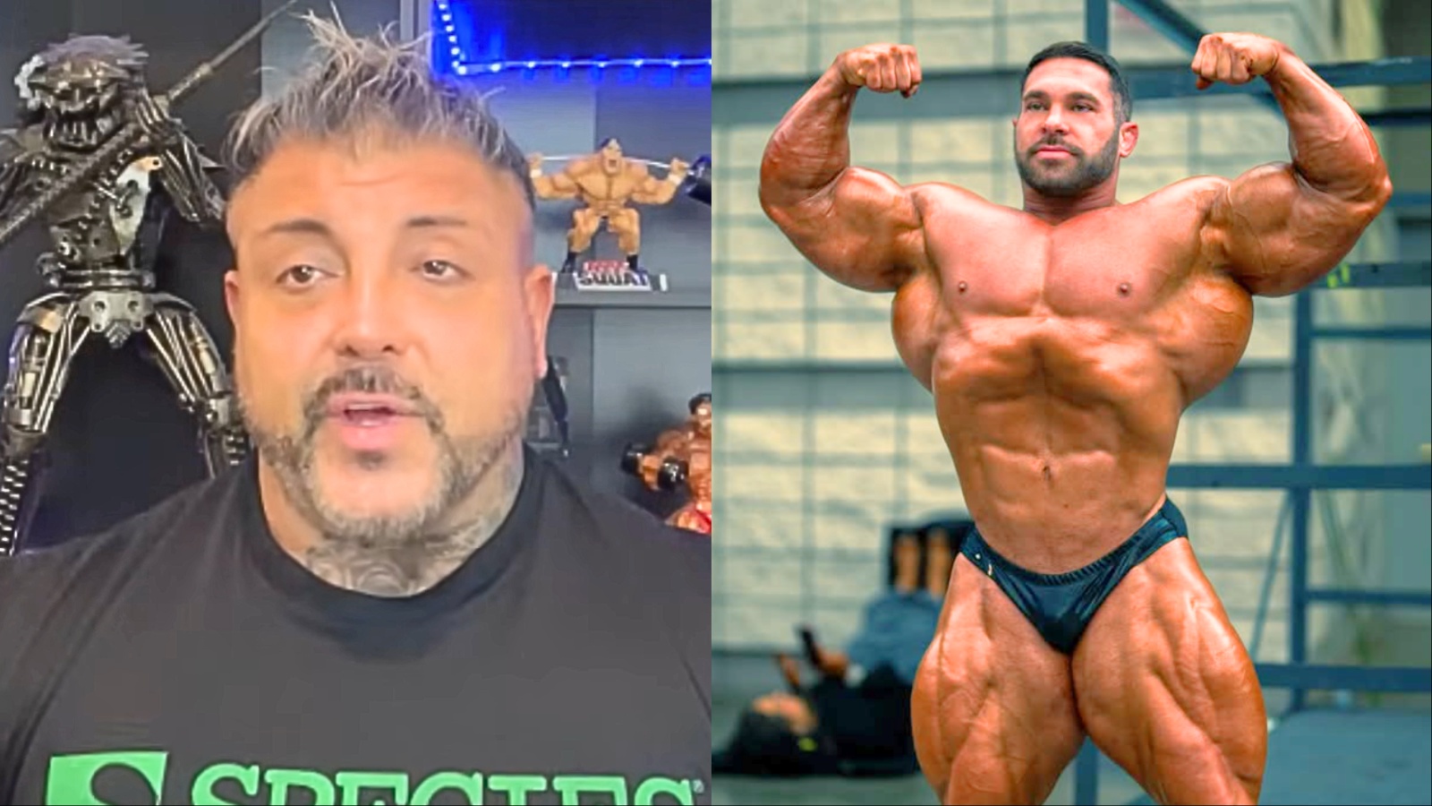Derek Lunsford posando com musculatura definida sob luzes intensas de palco, destacando o físico de um campeão