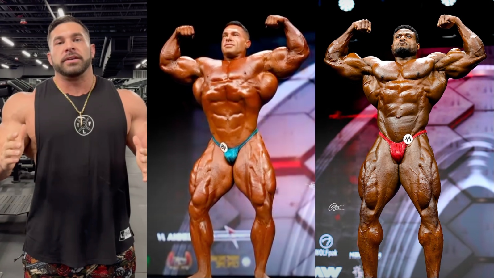 Derek Lunsford posando com musculatura definida em um palco de fisiculturismo sob luzes intensas de competição