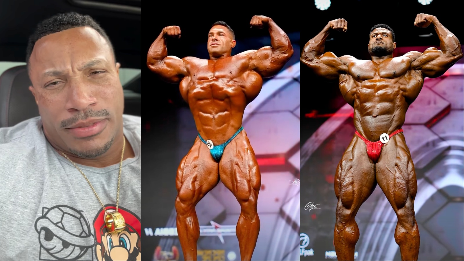 Derek Lunsford em pose muscular, segurando halteres e um copo de shake de proteína sobre bancada