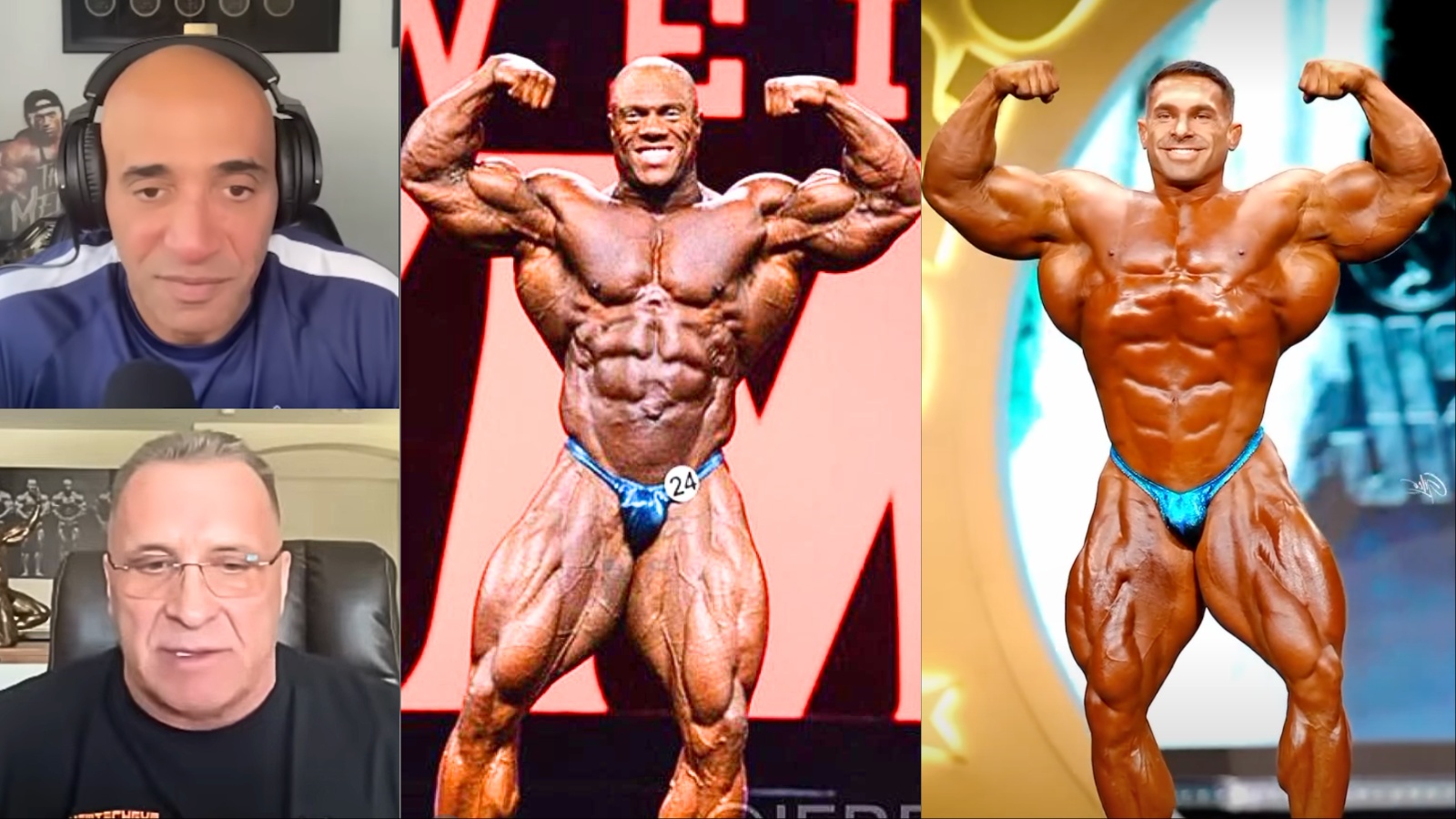 Derek Lunsford, musculoso, segurando halteres na academia, cercado por telas de celular exibindo comentários críticos