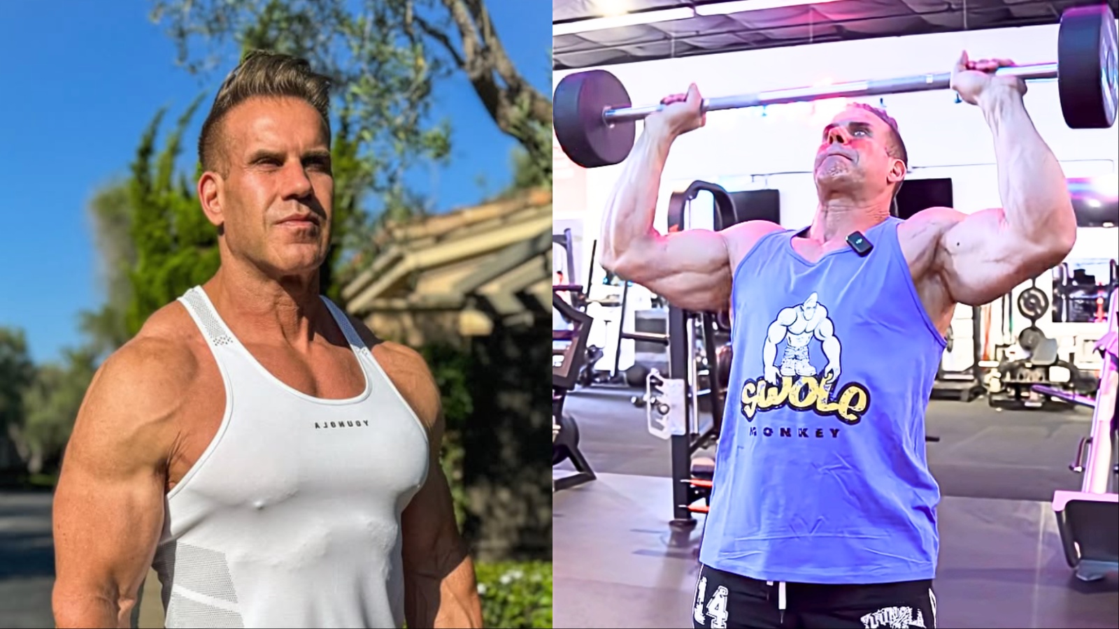 Atleta realizando desenvolvimento de ombros com halteres em um banco de academia, focado na técnica e hipertrofia