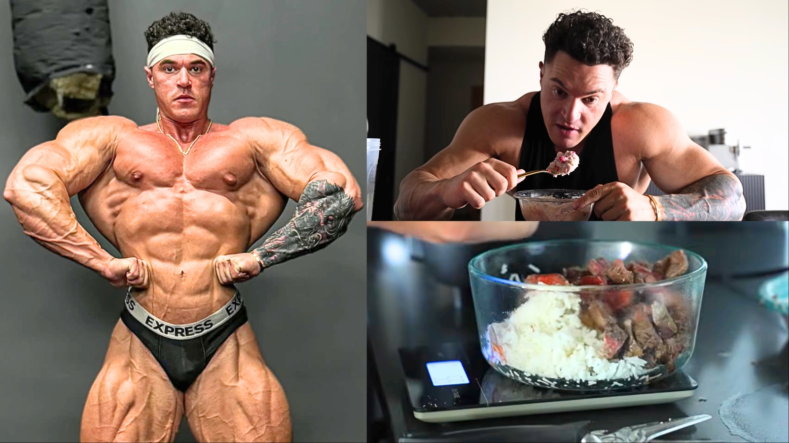 Um fisiculturista comendo um bife grande e um copo de leite, ao lado de uma balança de ginásio