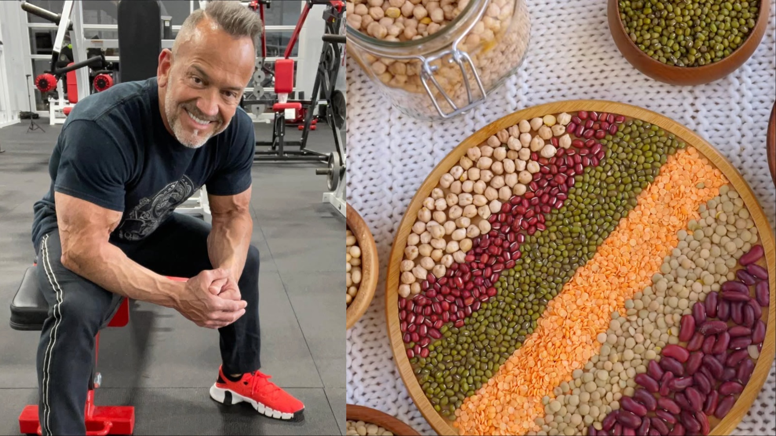 Atleta musculoso posando ao lado de uma tigela colorida com tofu, quinoa, brócolis e suplemento proteico vegetal