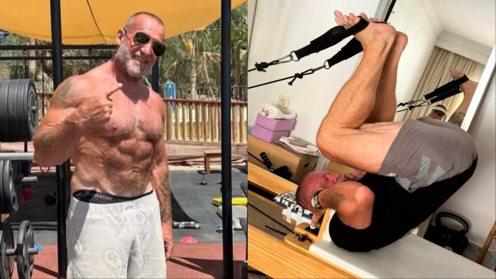 Um homem de meia-idade fortemente musculado, sentado em uma sauna, com uma garrafa de água e uma bicicleta de treino ao fundo